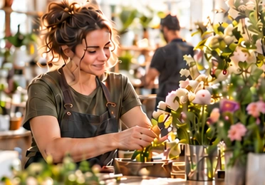 A florist working in her shop
