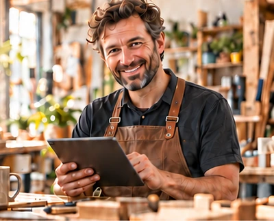 A smiling craftsman in his workshop