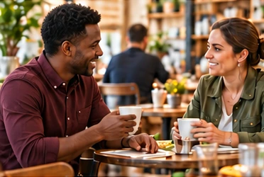 Neighbours talking at a local café